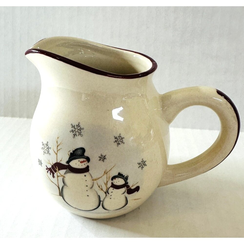 VTG Royal Seasons Stoneware Creamer Pitcher Snowman Snowflakes Christmas 8oz